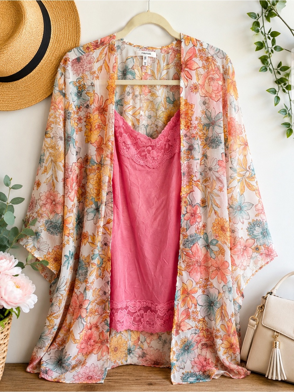 Maurices Floral Kimono & Pink Lace Cami Set One Size + Medium Boho Layerin